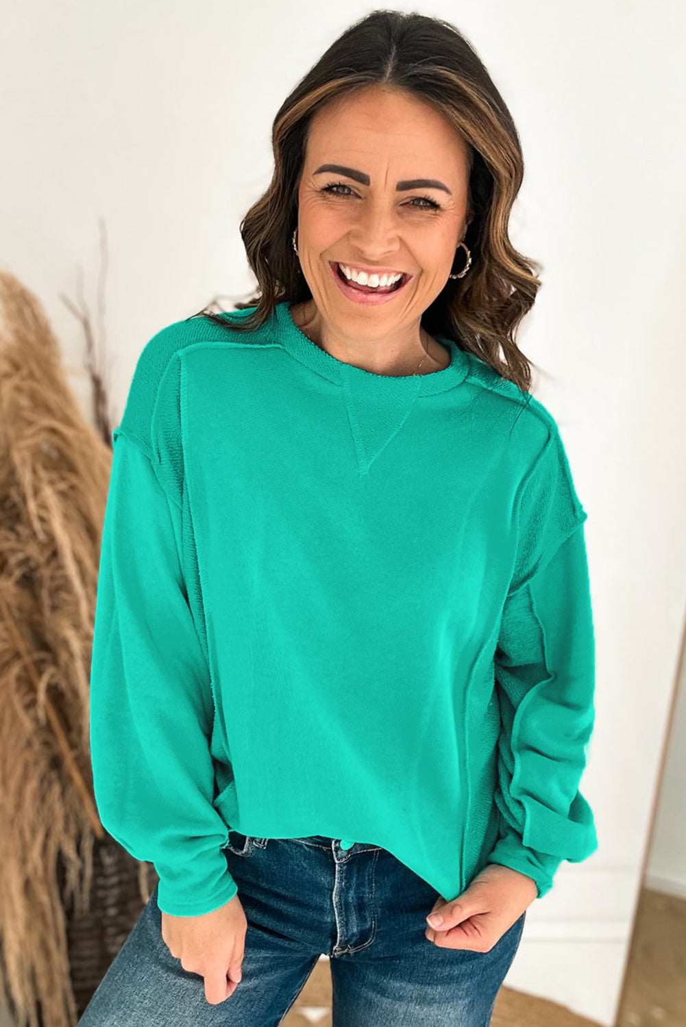 Beige Splicing Round Neck Pullover Sweatshirt