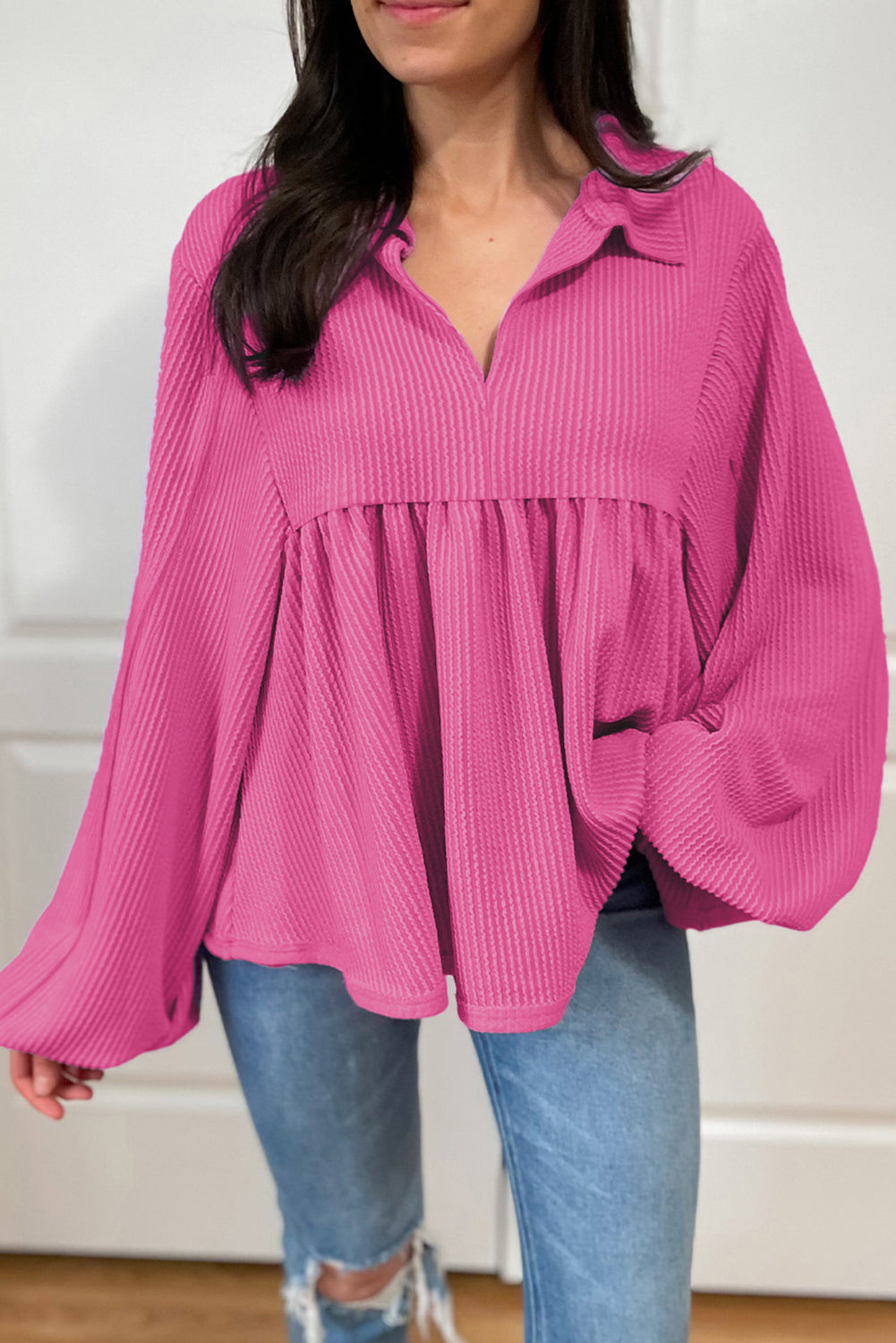 Phalaenopsis Corded Turn-down V Neck Bubble Sleeve Babydoll Blouse