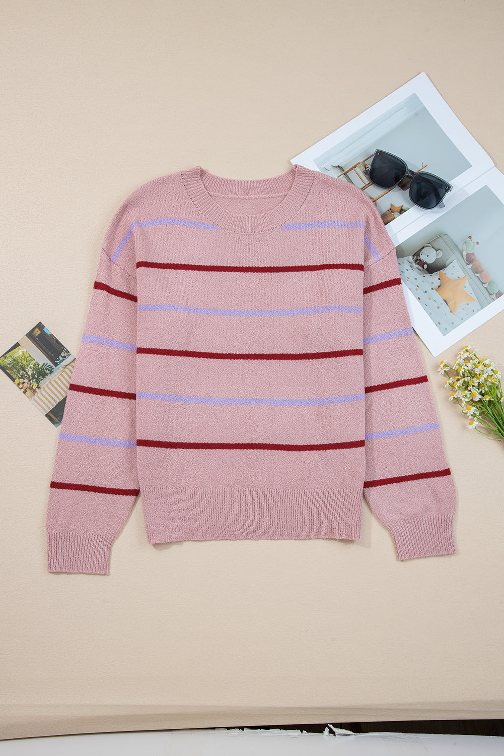 Brown Stripe Striped Ribbed Edge Drop Shoulder Sweater