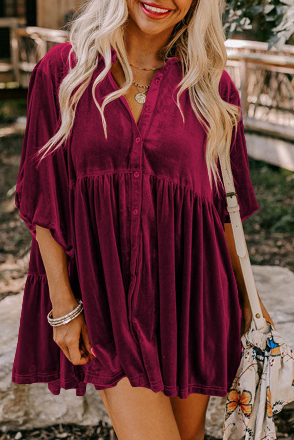 Dark Grey 3/4 Sleeve Tunic Babydoll Velvet Shirt