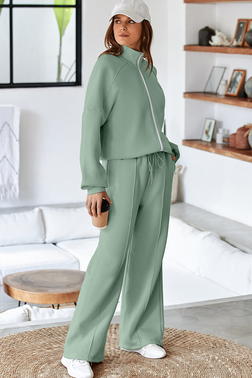 Beige Drop Shoulder Zip Up Jacket Drawstring Pants Active 2pcs Set