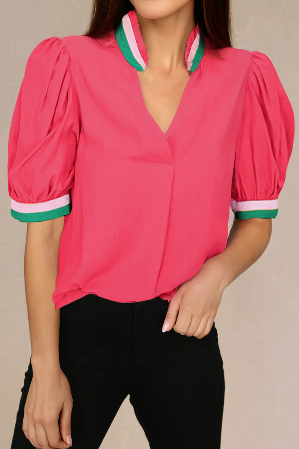 Bright Green Colorful Trim V Neck Short Sleeve Blouse