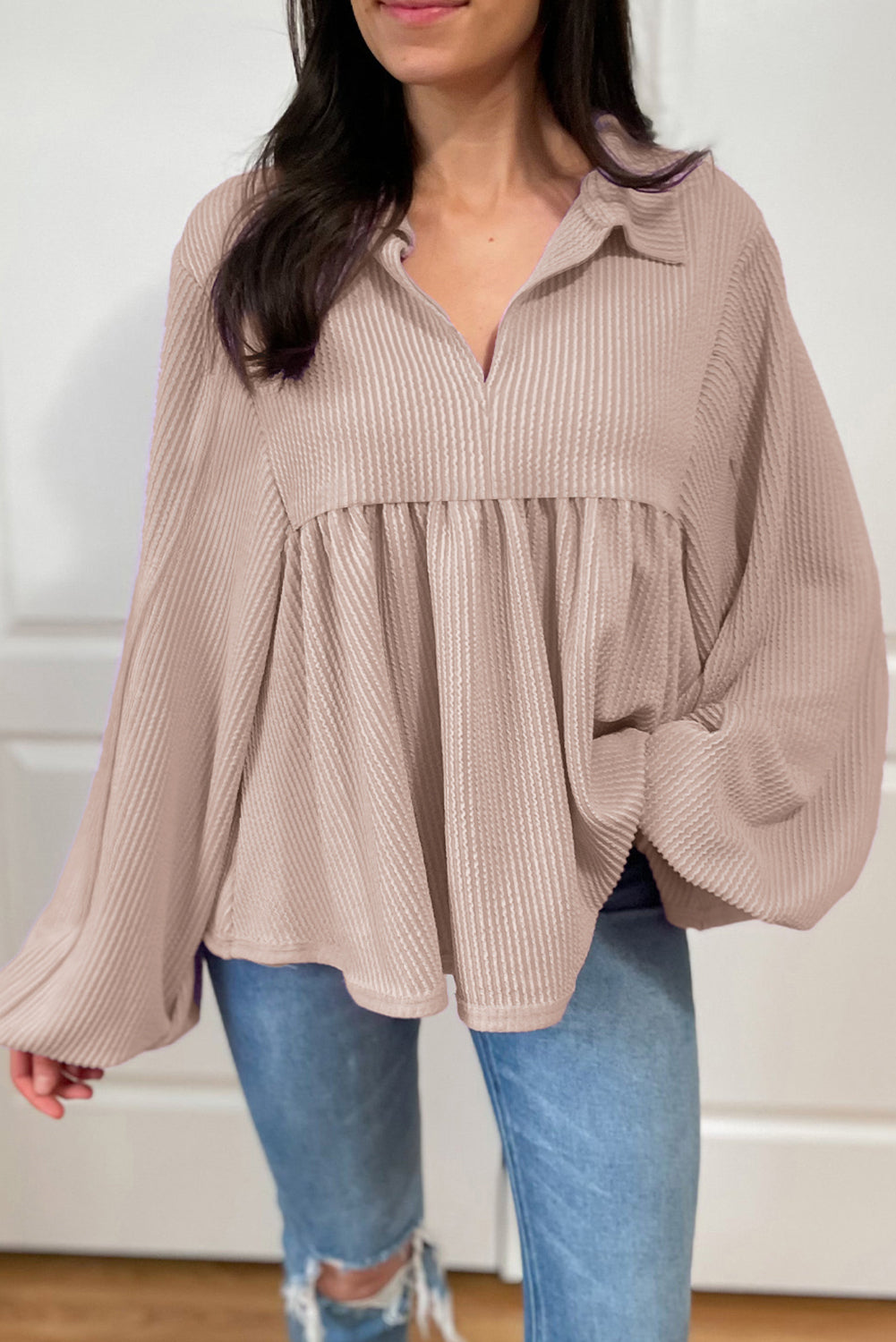 Phalaenopsis Corded Turn-down V Neck Bubble Sleeve Babydoll Blouse