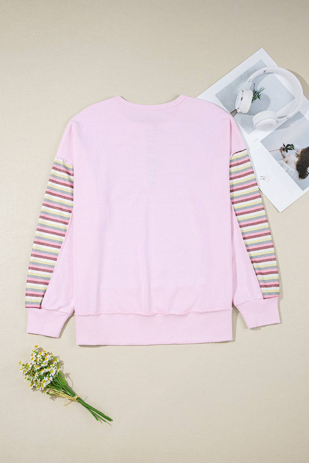 Pink Exposed Seam Color Block Striped Patchwork Loose Henley Sweatshirt