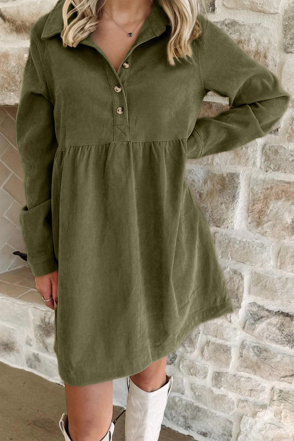 Black Corduroy Half Button Collared Long Sleeve Mini Dress