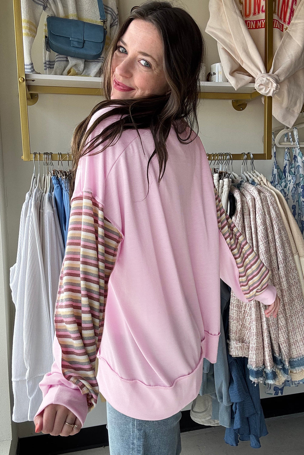 Pink Exposed Seam Color Block Striped Patchwork Loose Henley Sweatshirt