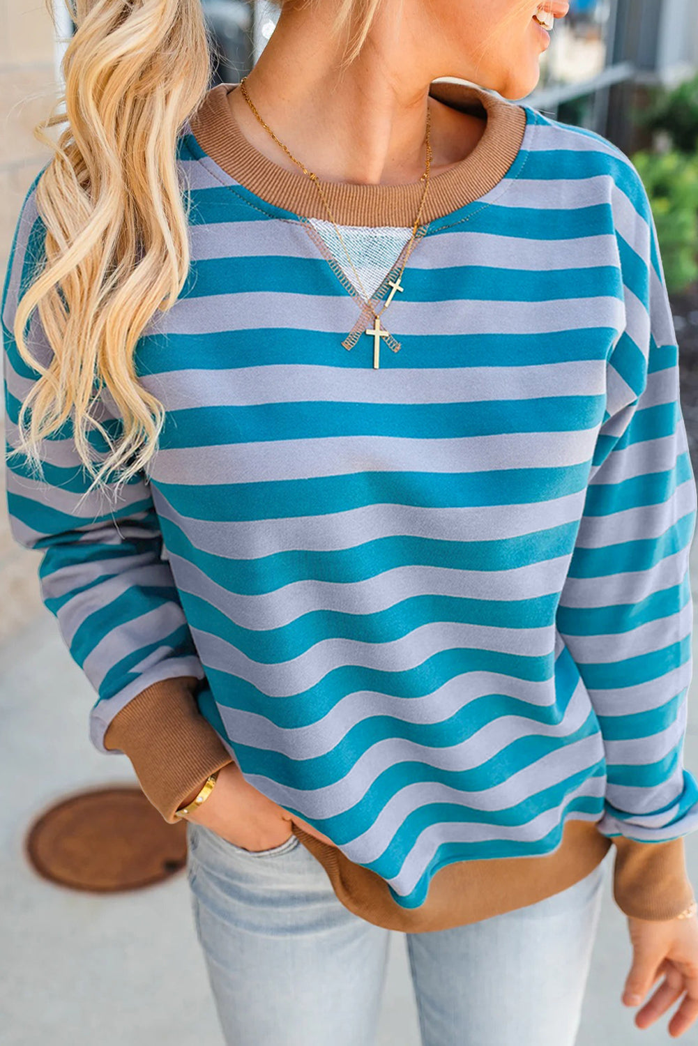 Sky Blue Stripe Contrast Color Ribbed Trim Round Neck Drop Shoulder Sweatshirt
