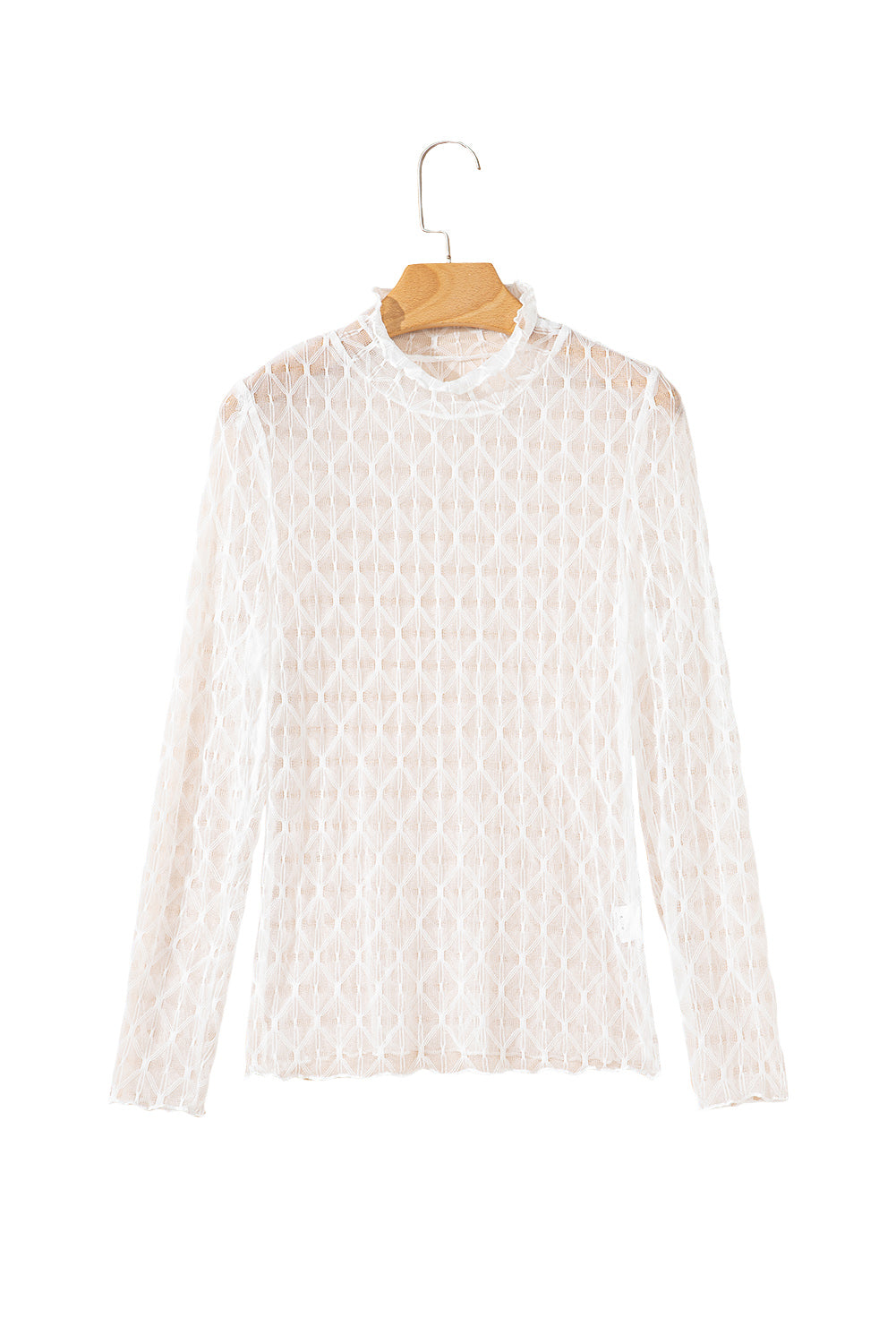 Coffee Sheer Mesh Patterned Lettuce Trim Slim Long Sleeve Top