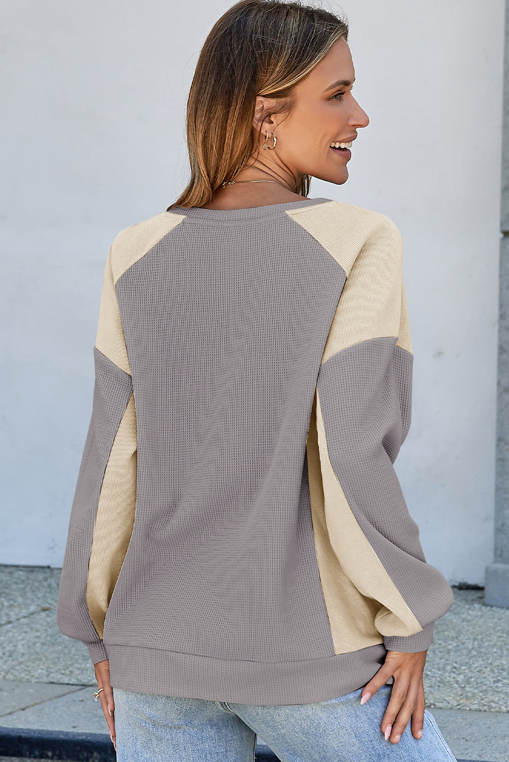 Apricot Pink Color Block Waffle High Low Raglan Sleeve Sweatshirt