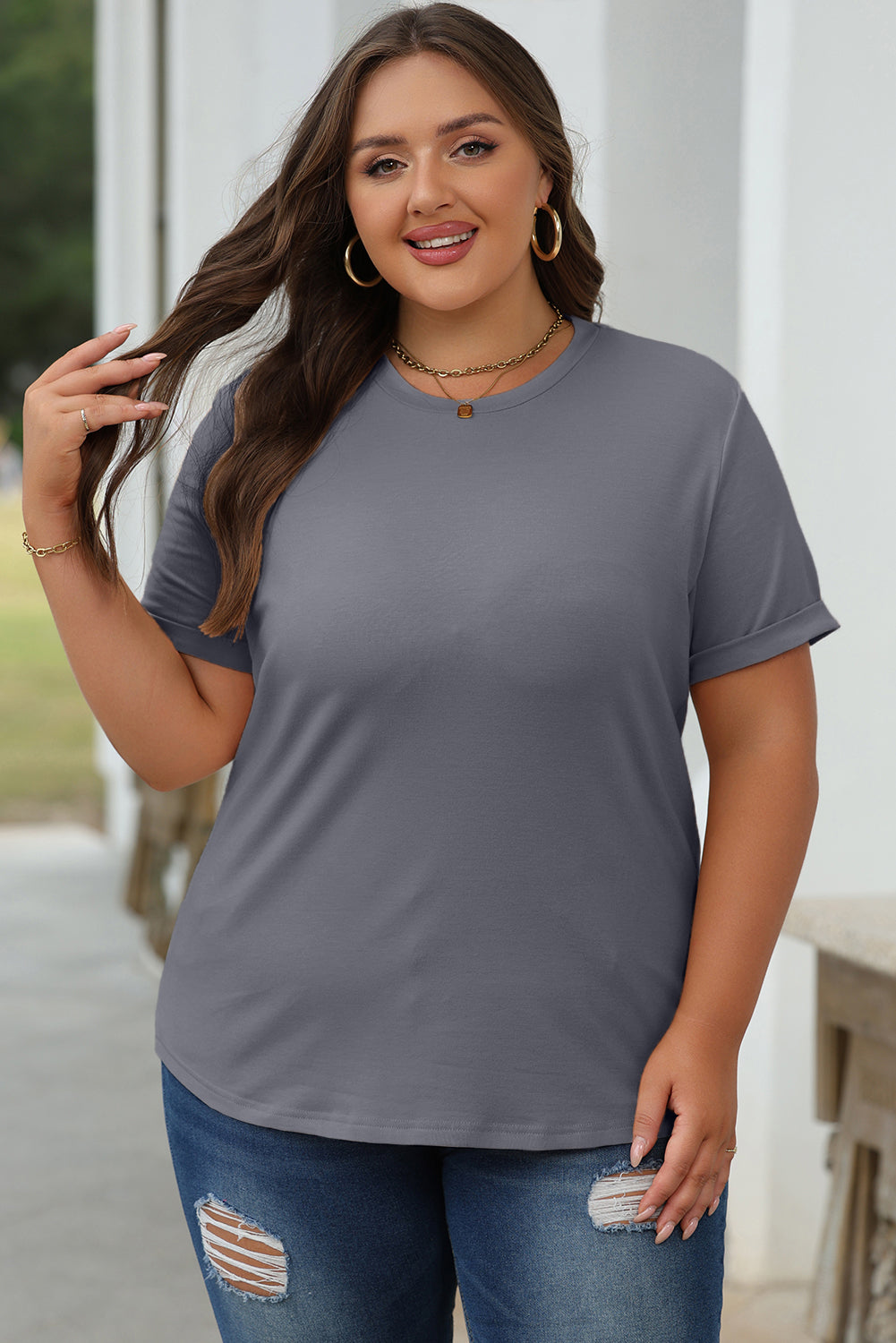 Light Blue Bright Casual Plain Crew Neck Tee
