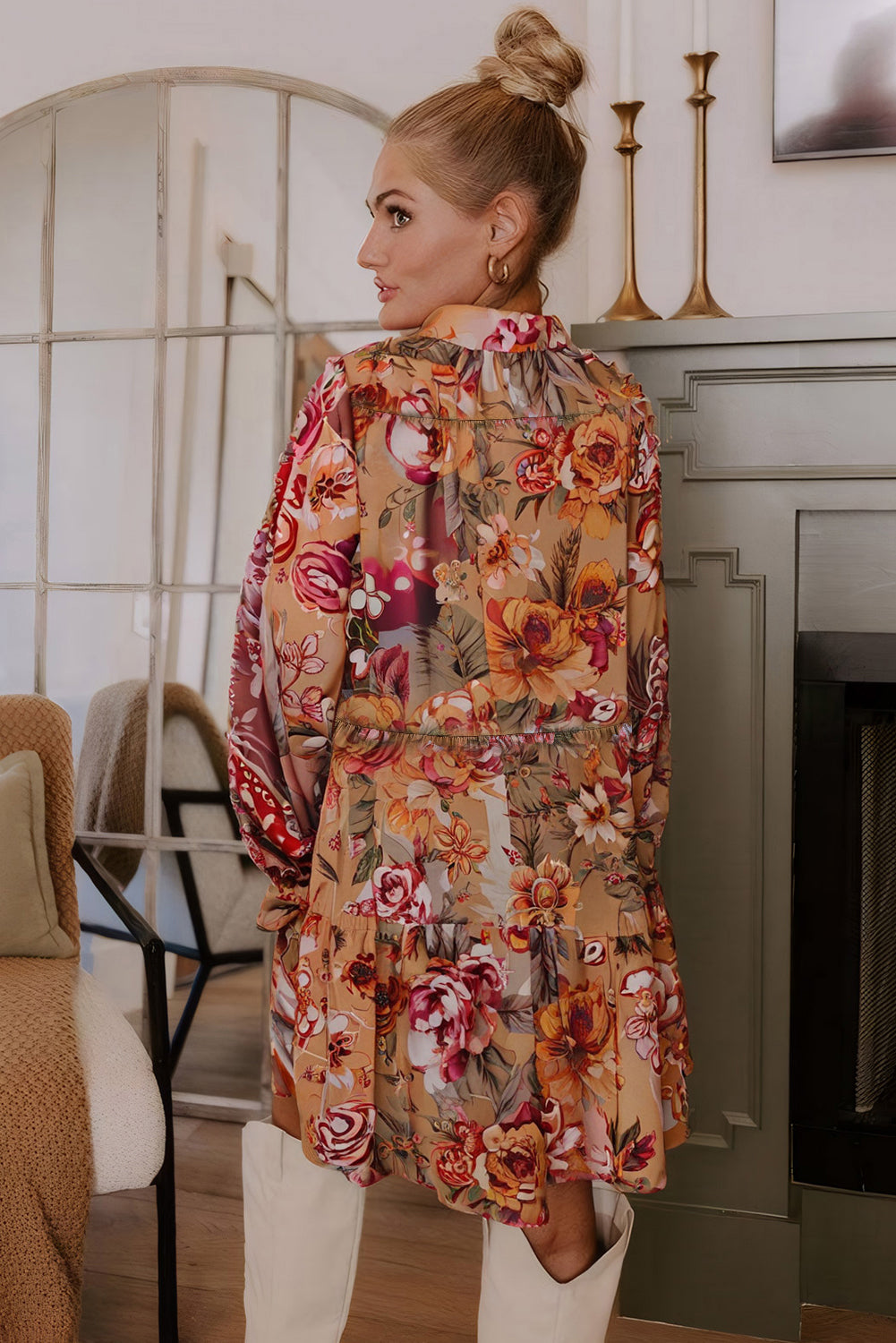 Brown Vintage Floral Print Shirt Style Half Button Long Sleeve Ruffle Mini Dress