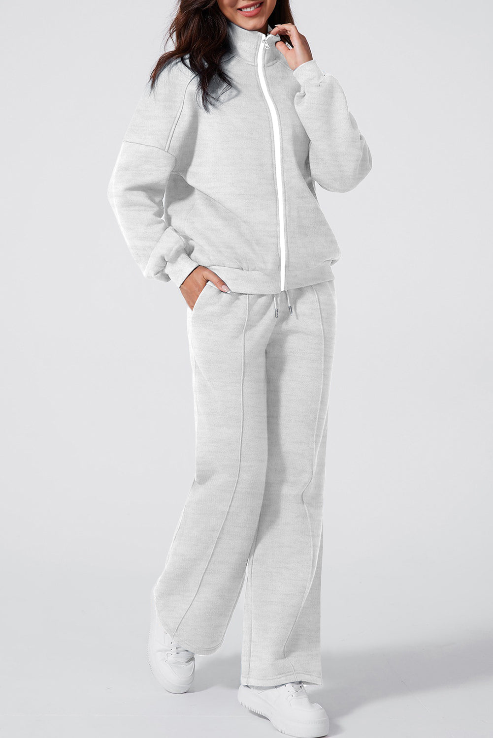 Beige Drop Shoulder Zip Up Jacket Drawstring Pants Active 2pcs Set