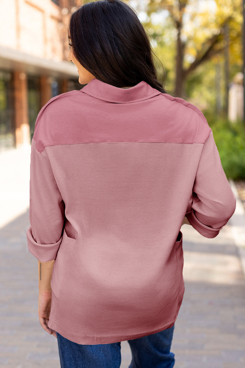 Smoke Green Waffle Long Sleeve Collar Half Button Loose Top