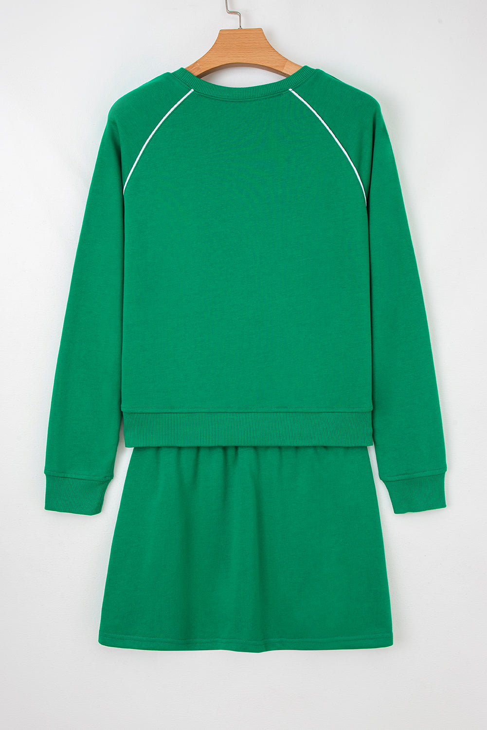 Dark Green Contrast Piping Crewneck Pullover Mini Skirt Set