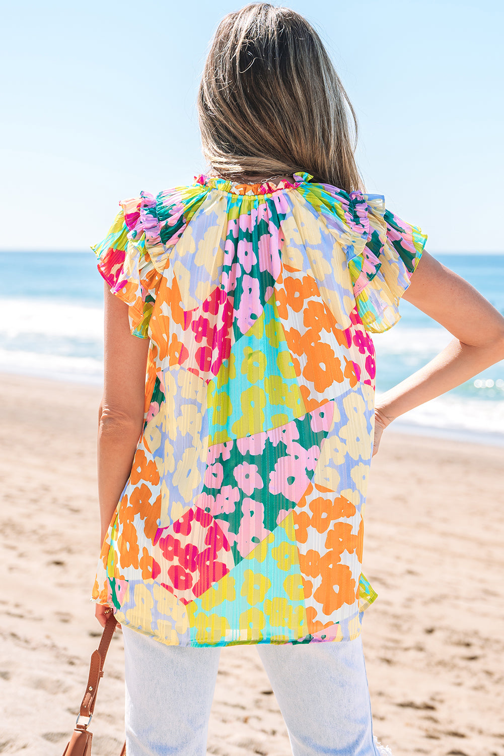 Rose Leopard Flutter Sleeve V Neck Crinkled Blouse