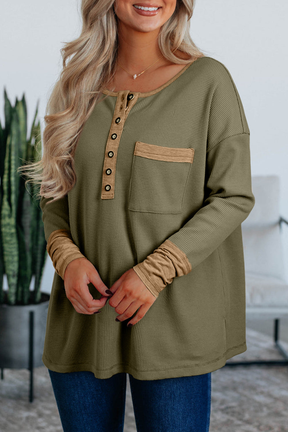 Dark Khaki Color Block Waffle Textured Tunic Henley Top with Slits