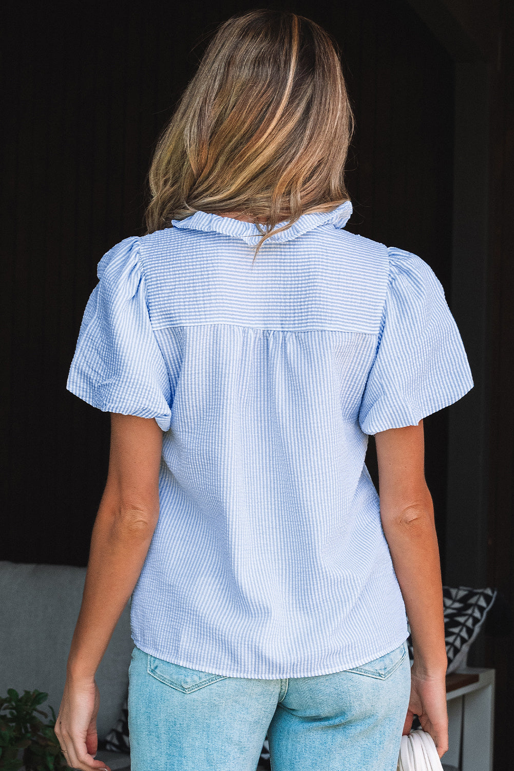 White Striped Ruffle Short Bubble Sleeve Shirt