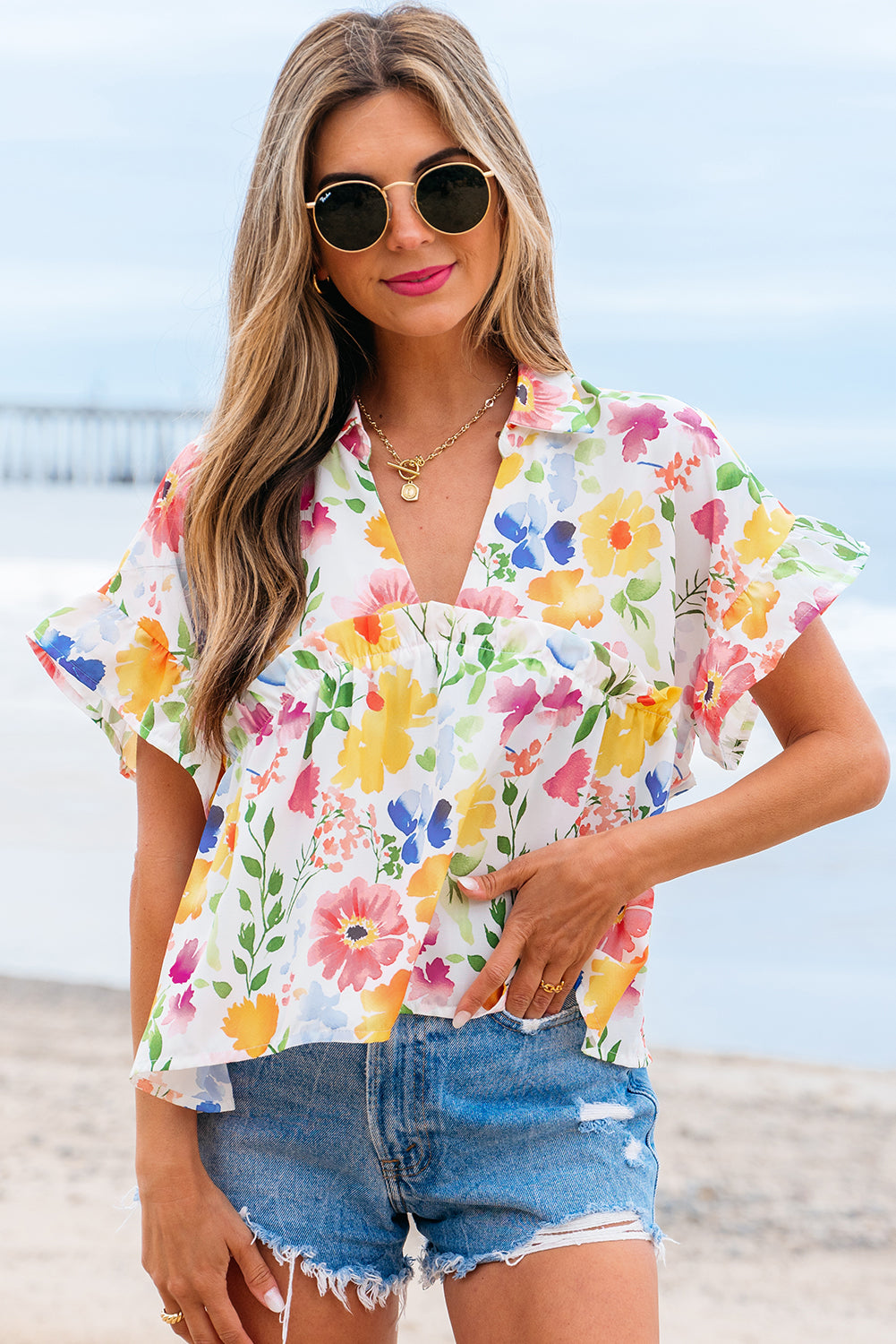 Pink Floral Boxy Fit Ruffled Short Sleeve V Neck Blouse
