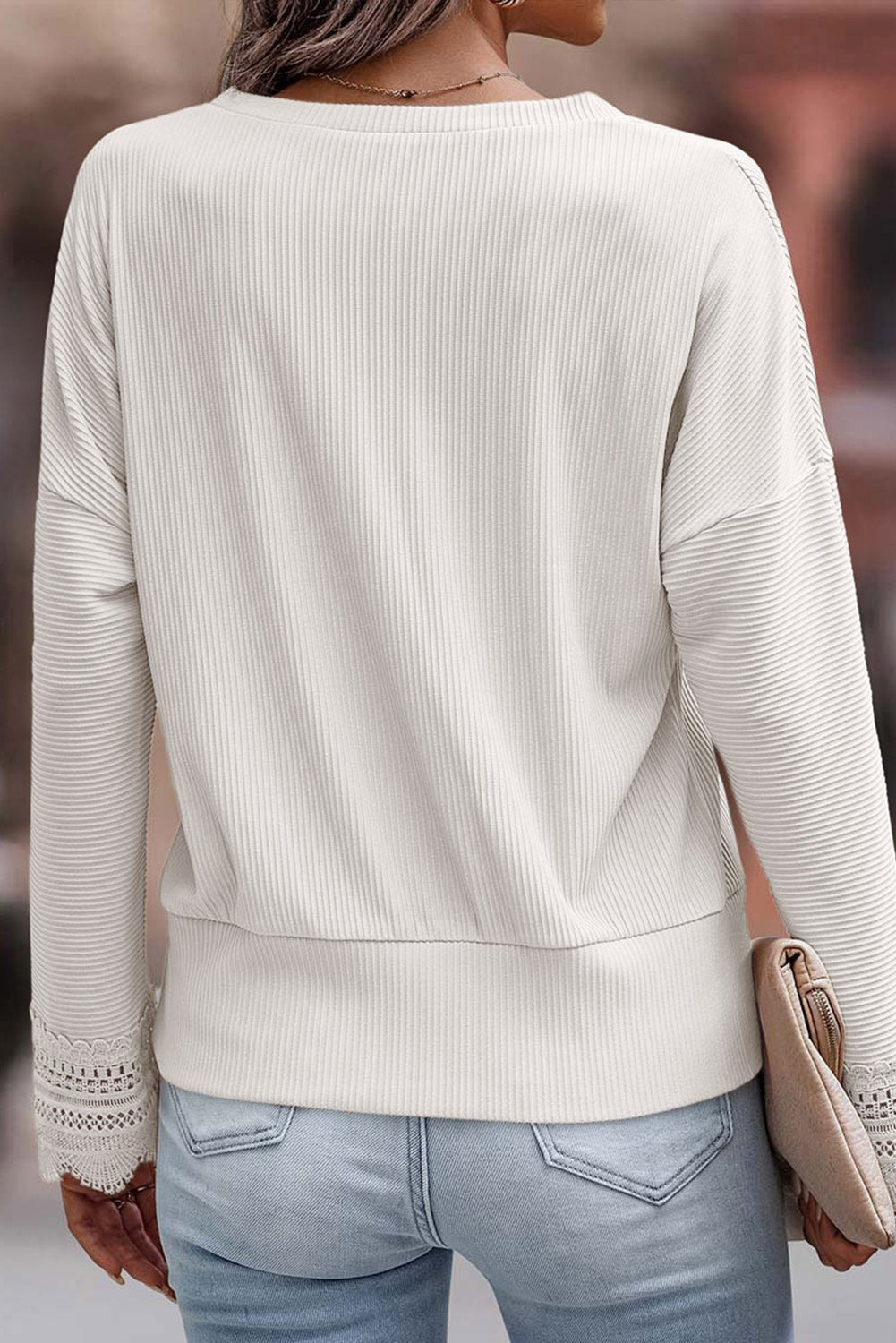Apricot Ribbed Texture Lace Trim V Neck Long Sleeve Top