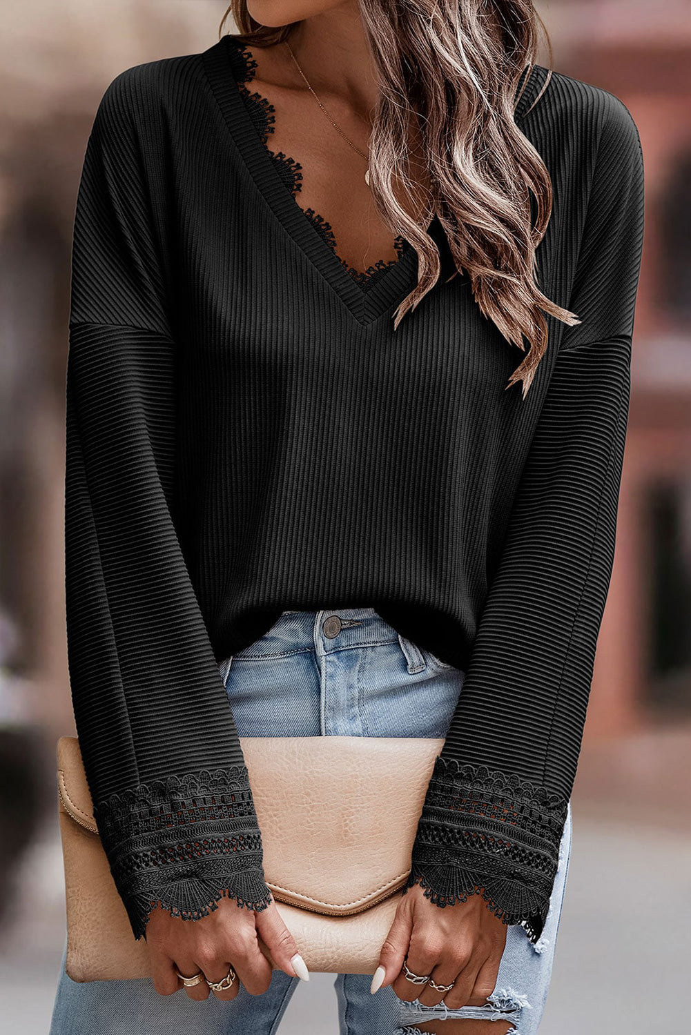 Apricot Ribbed Texture Lace Trim V Neck Long Sleeve Top