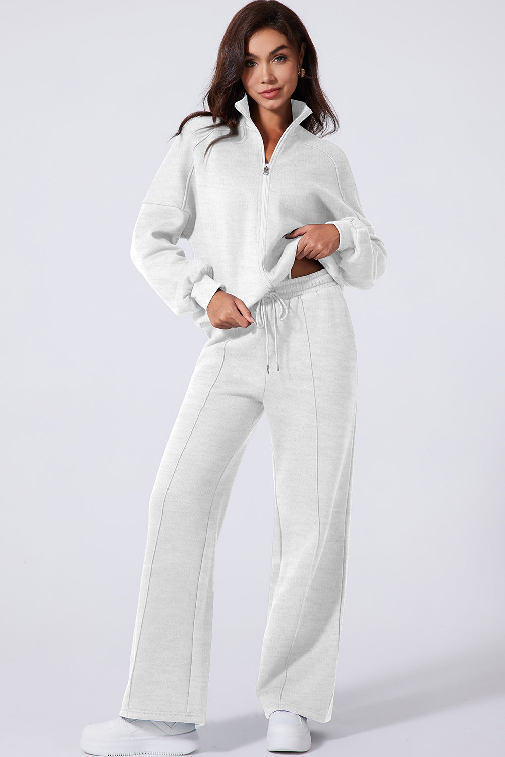 Beige Drop Shoulder Zip Up Jacket Drawstring Pants Active 2pcs Set