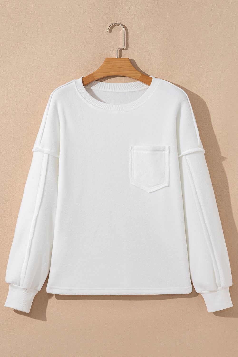 White Exposed Seam Chest Pocket Knit Pullover Sweatshirt