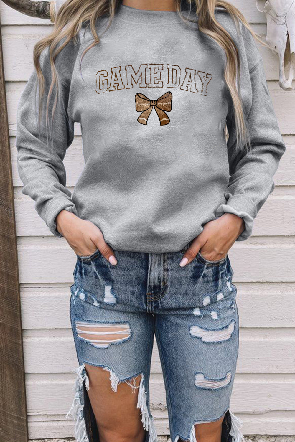 Gray GAME DAY Rugby Bow Embroidered Casual Sweatshirt