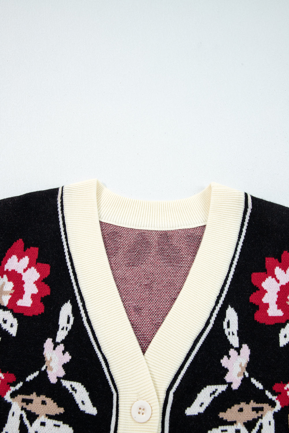 Beige Floral Print Buttoned Front V Neck Knit Cardigan