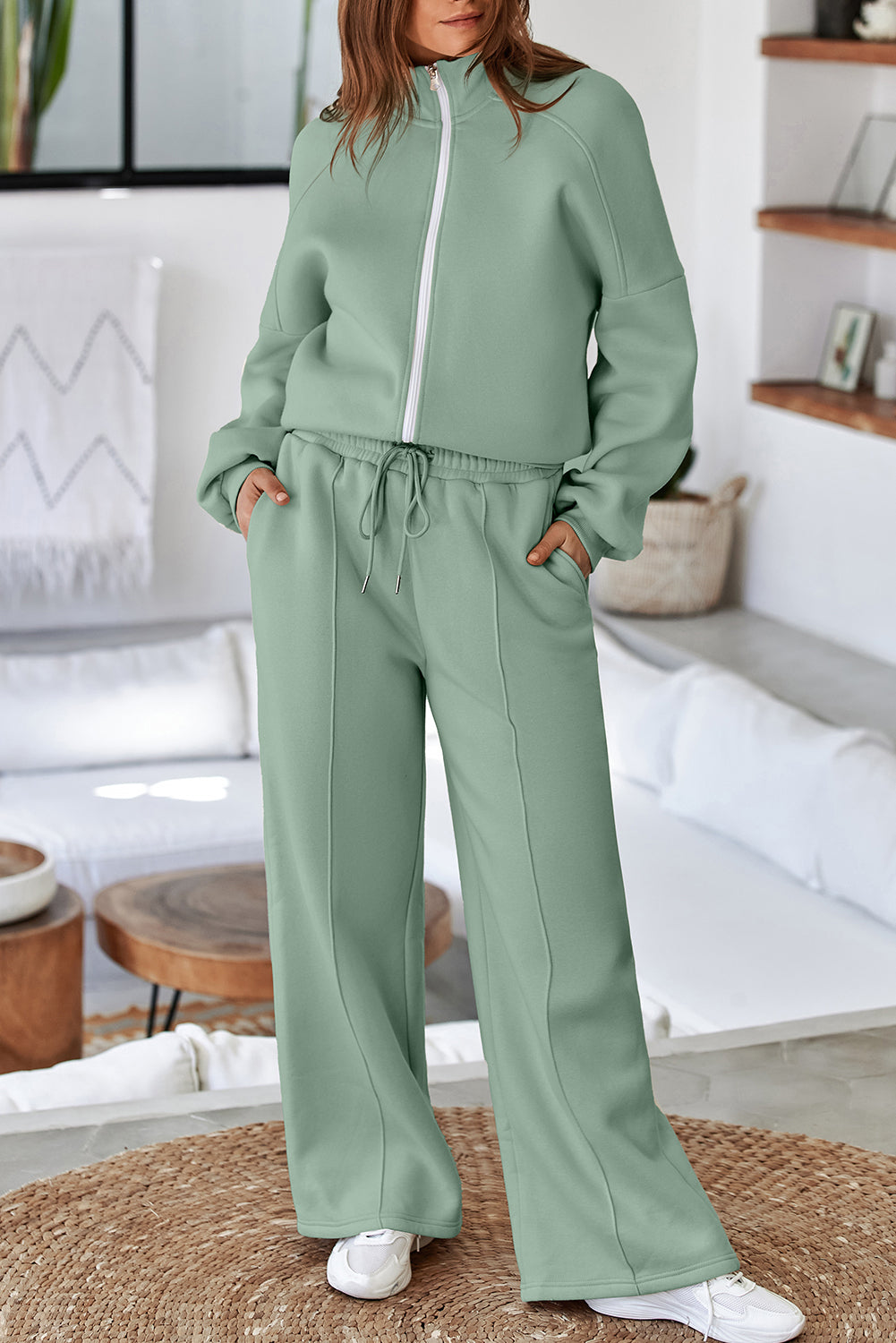 Beige Drop Shoulder Zip Up Jacket Drawstring Pants Active 2pcs Set