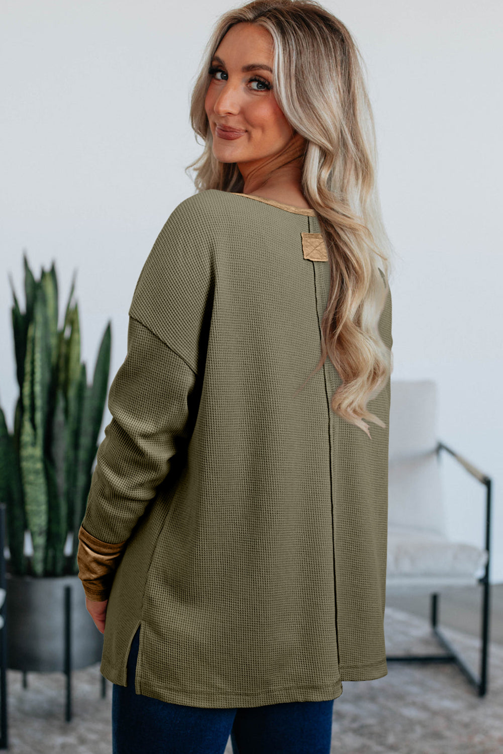 Dark Khaki Color Block Waffle Textured Tunic Henley Top with Slits