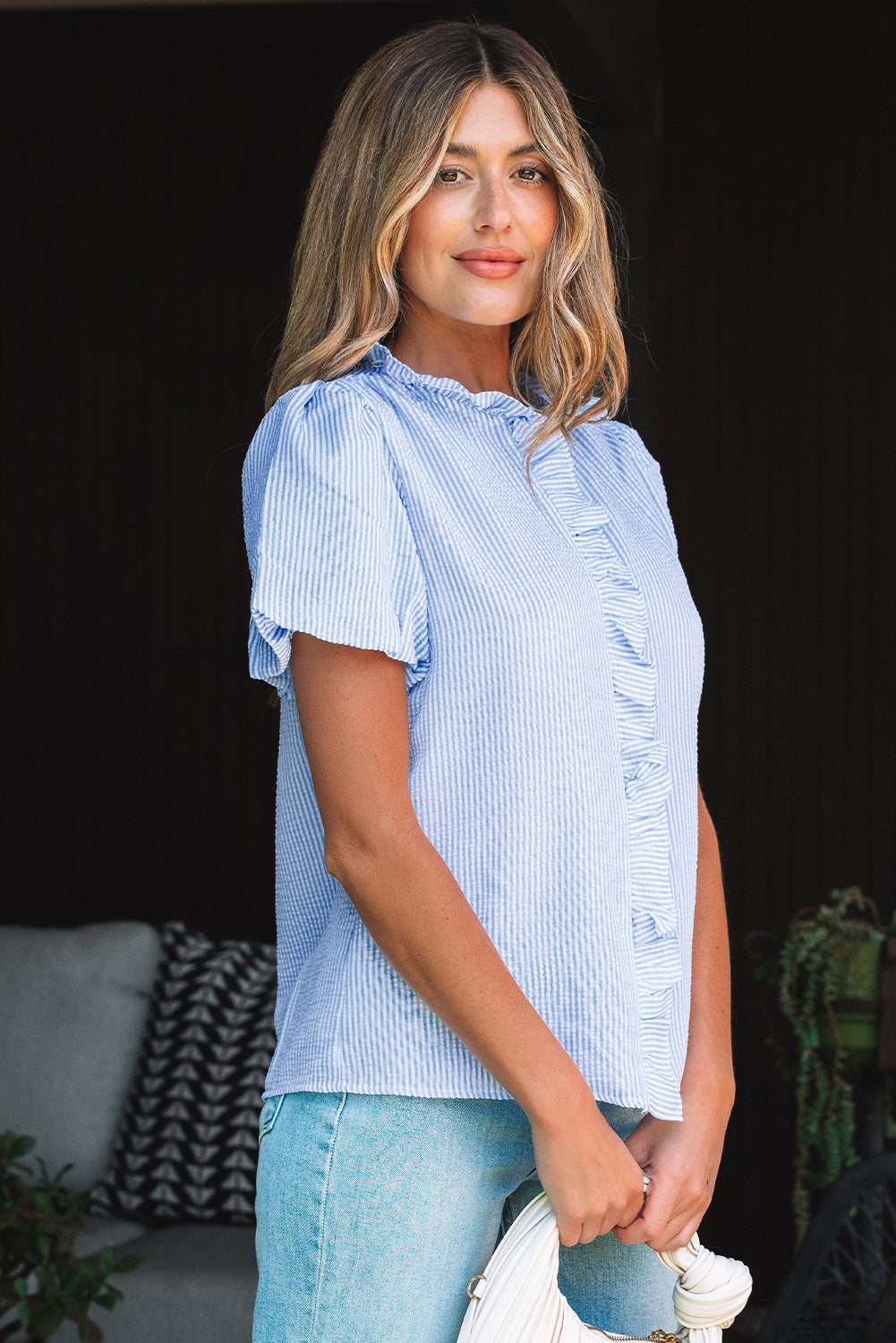 White Striped Ruffle Short Bubble Sleeve Shirt