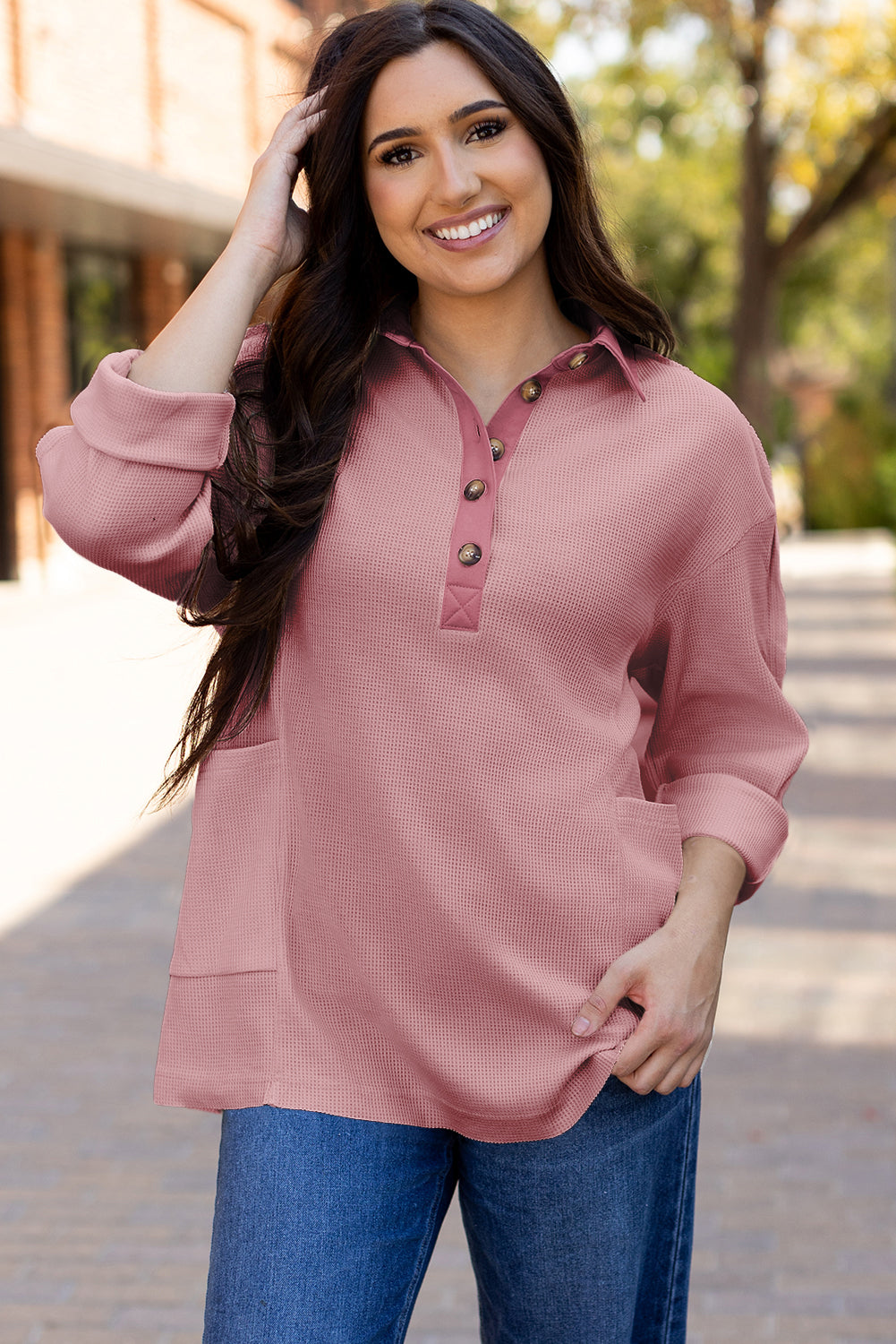Smoke Green Waffle Long Sleeve Collar Half Button Loose Top