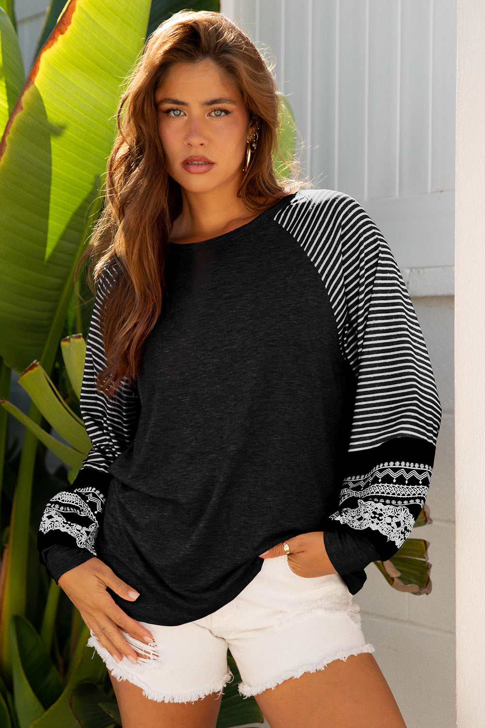 Tillandsia Purple Contrast Print Striped Raglan Long Sleeve Loose Top