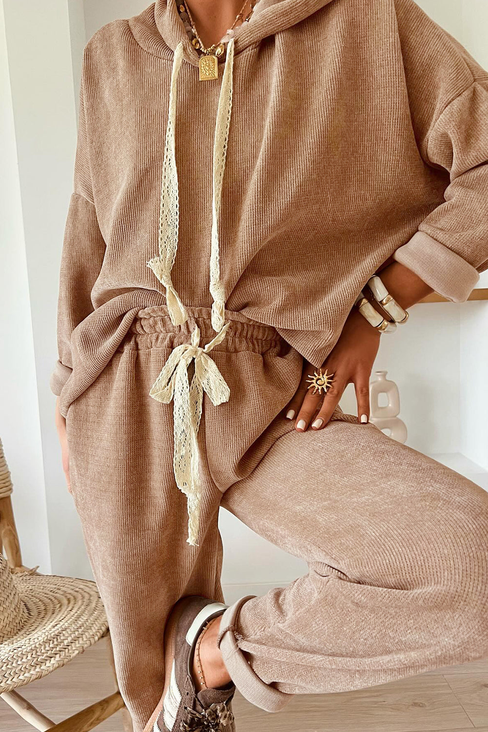 Jet Stream Lace Drawstring Pullover Hoodie and High Waist Pants Corduroy Suit