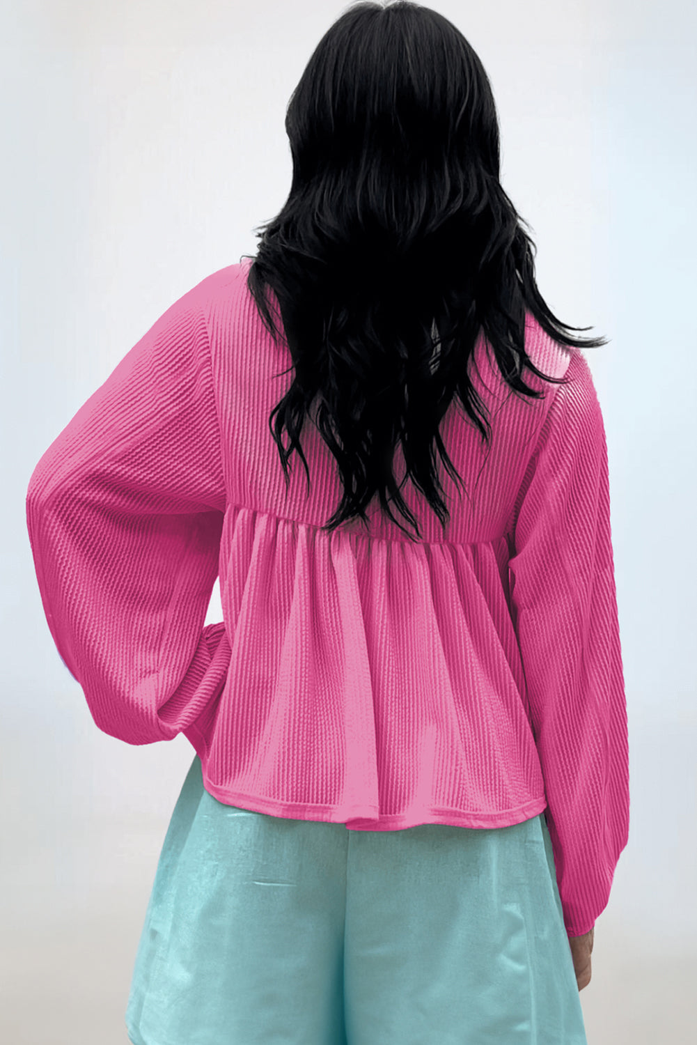 Phalaenopsis Corded Turn-down V Neck Bubble Sleeve Babydoll Blouse
