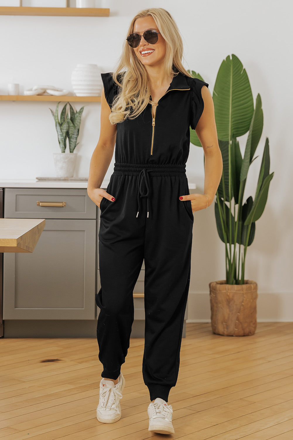 Black Zipper Flutter Sleeve Drawstring Elastic Waistband Jumpsuit
