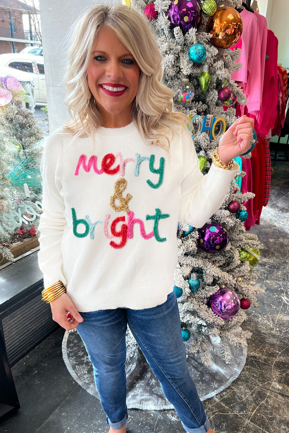 White XOXO Glitter Print Round Neck Casual Sweater