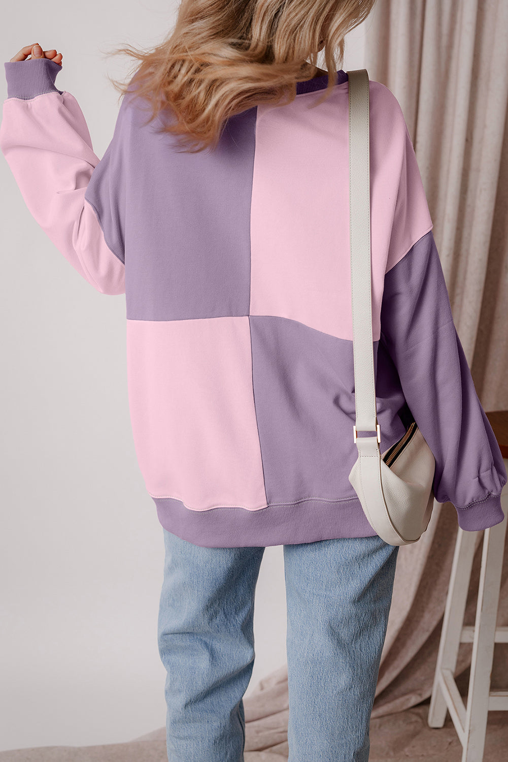 Pink Colorblock Henley High Low Oversize Sweatshirt