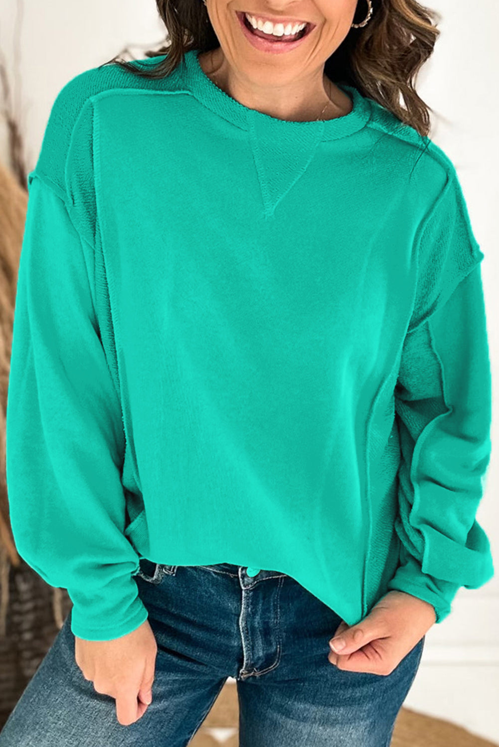 Beige Splicing Round Neck Pullover Sweatshirt