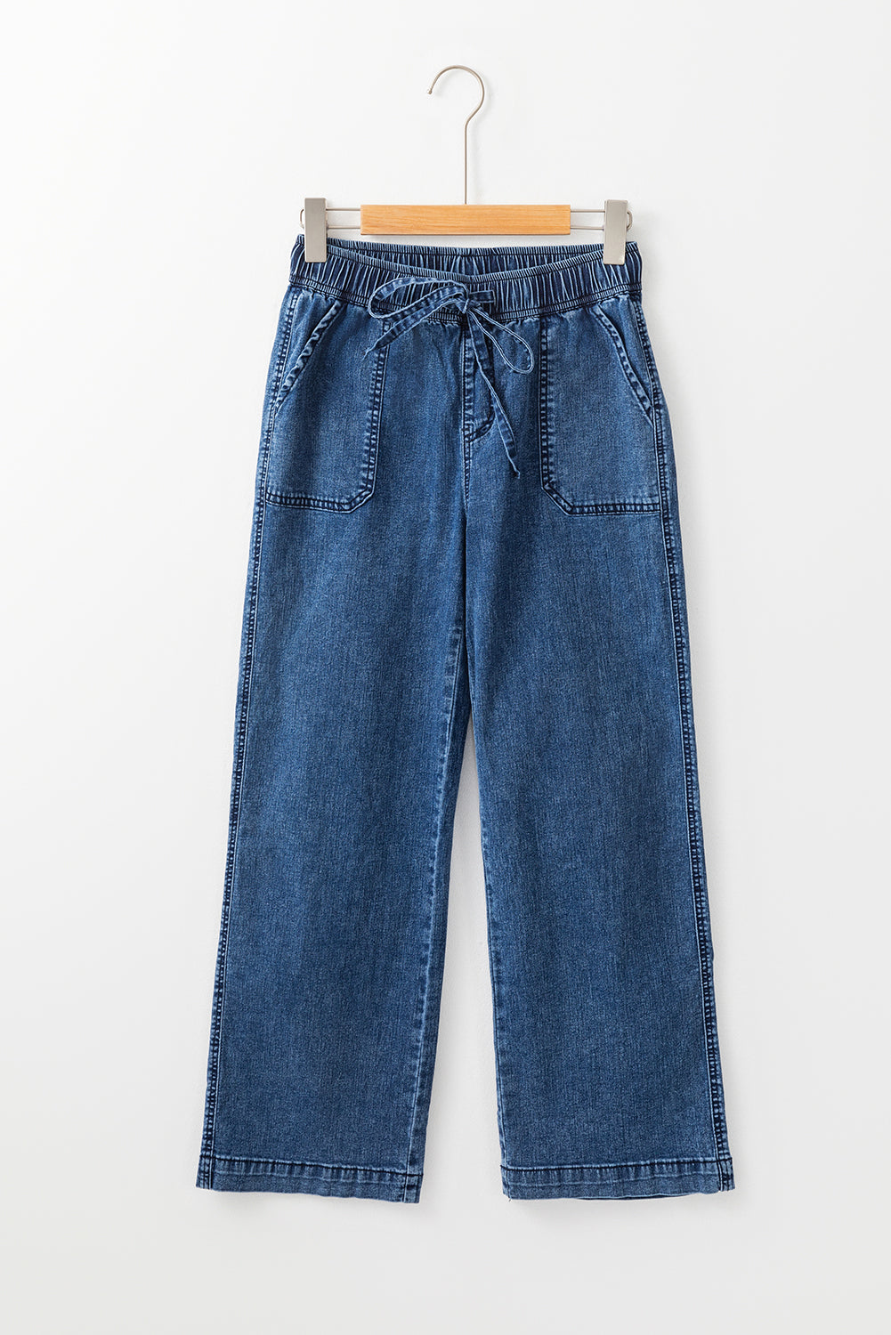 Sail Blue Mineral Wash Drawstring Elastic Waistband Loose Straight Denim Pants