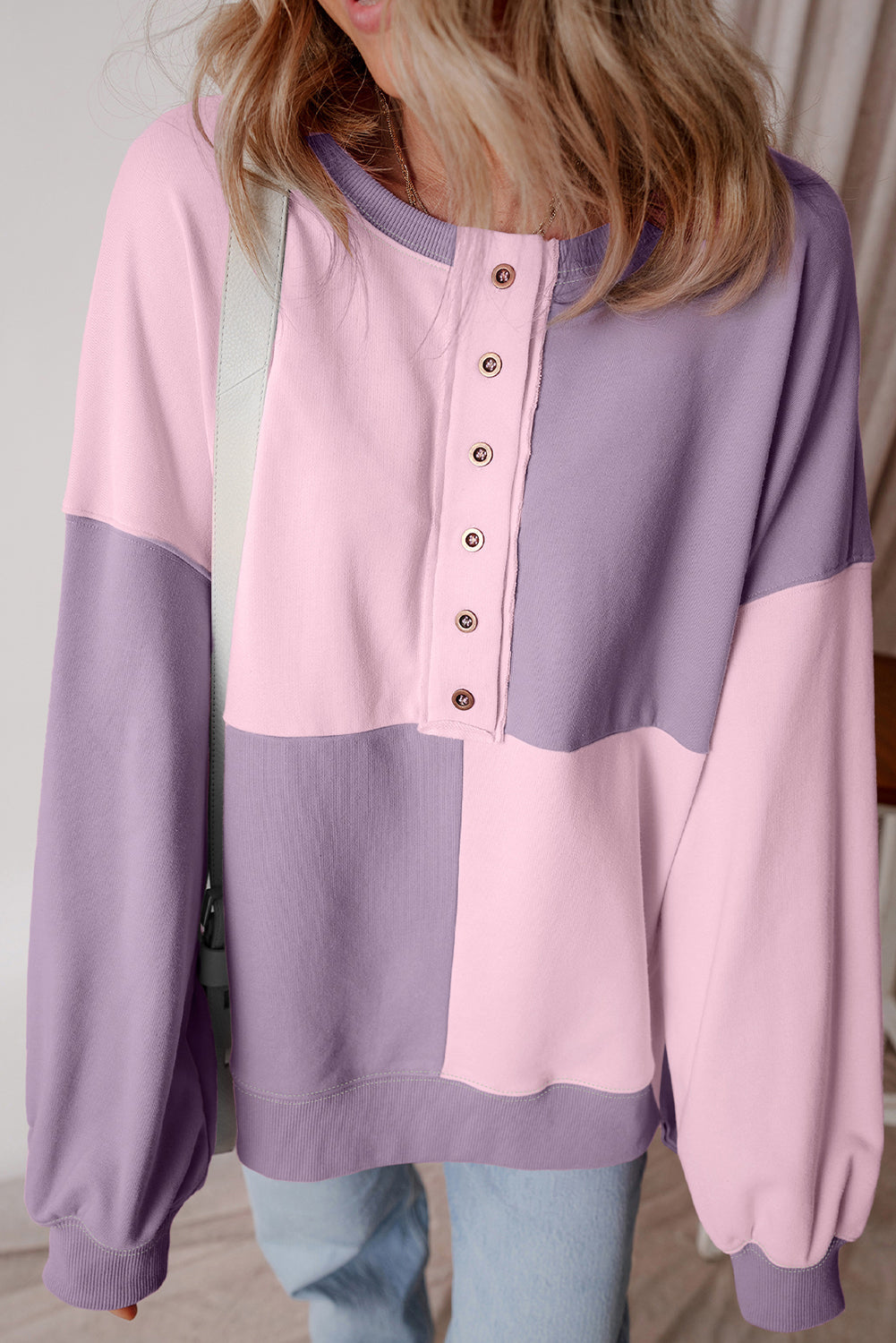 Pink Colorblock Henley High Low Oversize Sweatshirt
