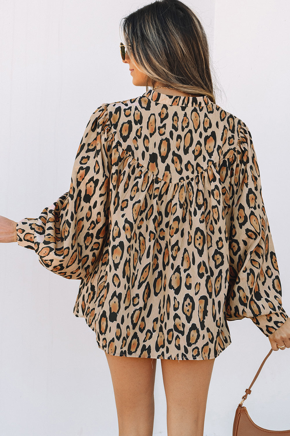 Rose Red Oversized Leopard Print Balloon Sleeve Casual Shirt
