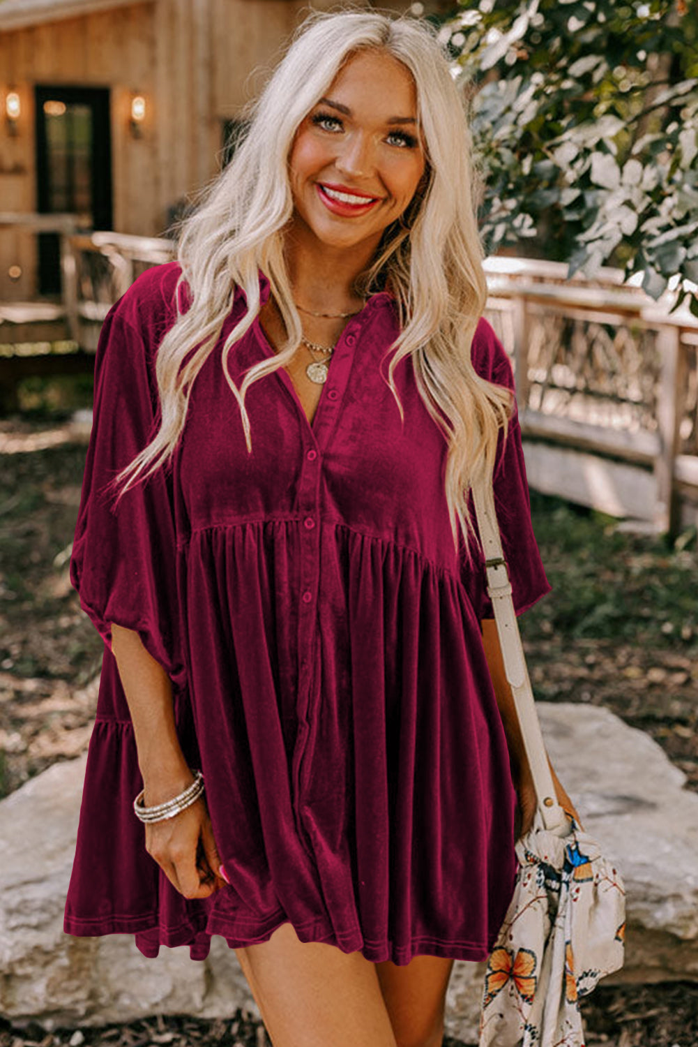 Dark Grey 3/4 Sleeve Tunic Babydoll Velvet Shirt