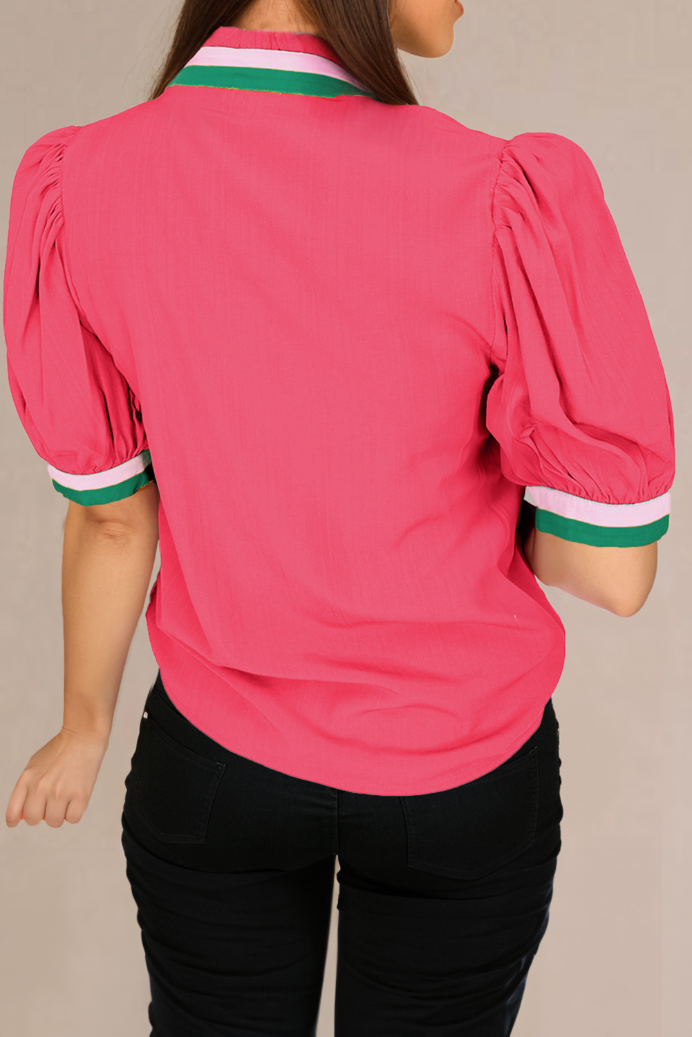Bright Green Colorful Trim V Neck Short Sleeve Blouse