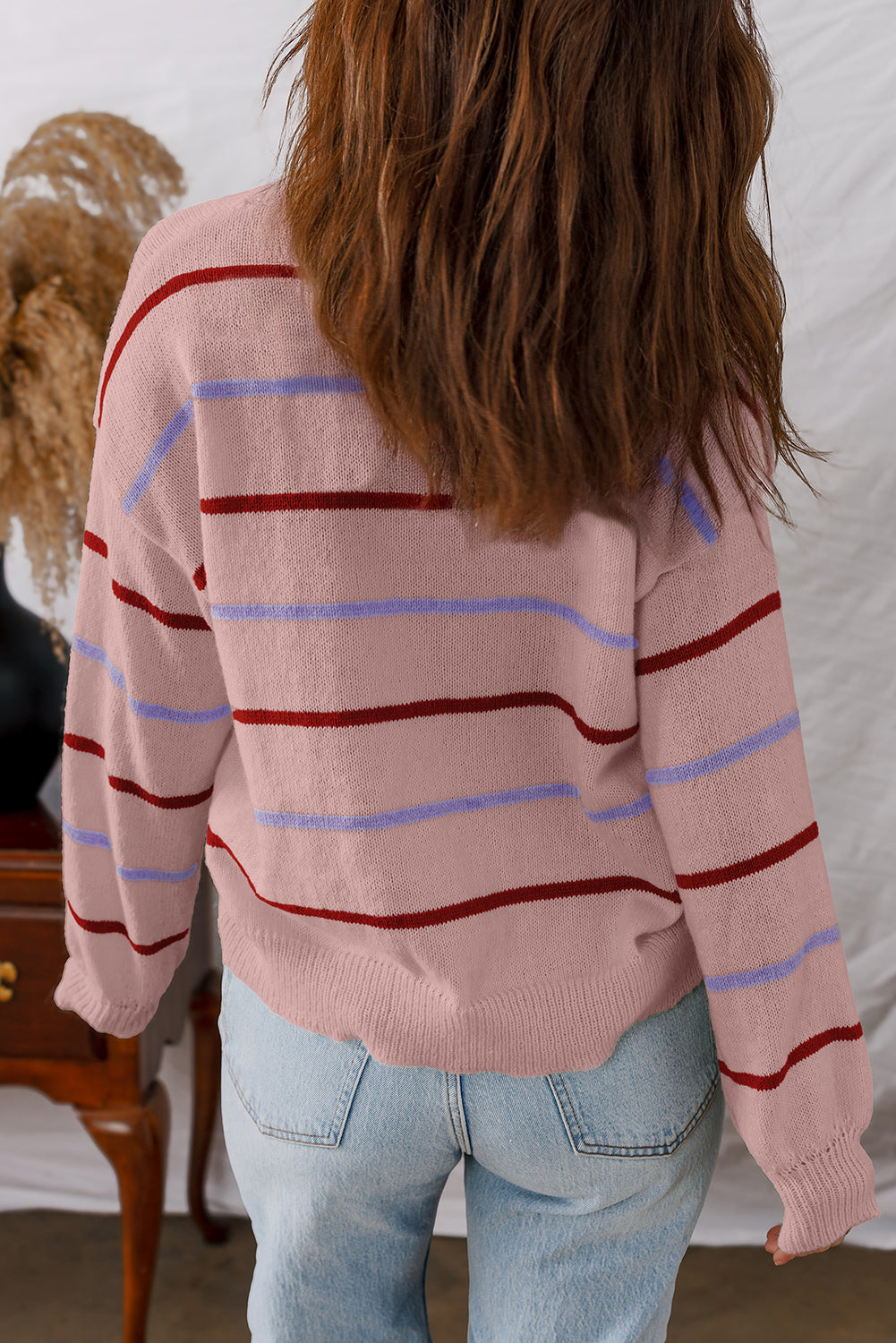 Brown Stripe Striped Ribbed Edge Drop Shoulder Sweater