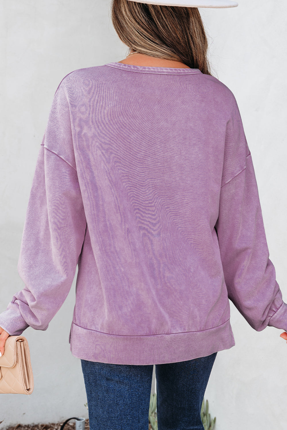 Light French Beige Mineral Wash Big Bow Patchwork Pullover Sweatshirt