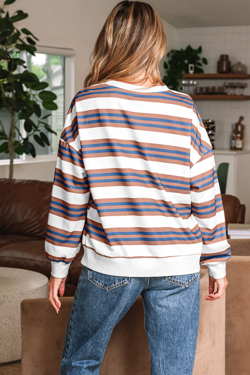 Khaki Stripe Crew Neck Drop Shoulder Pullover Sweatshirt