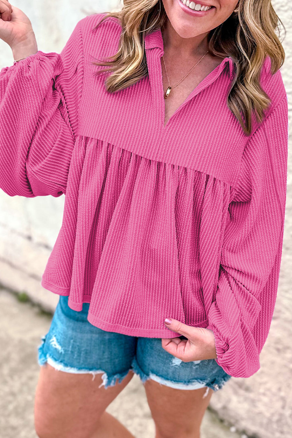 Phalaenopsis Corded Turn-down V Neck Bubble Sleeve Babydoll Blouse
