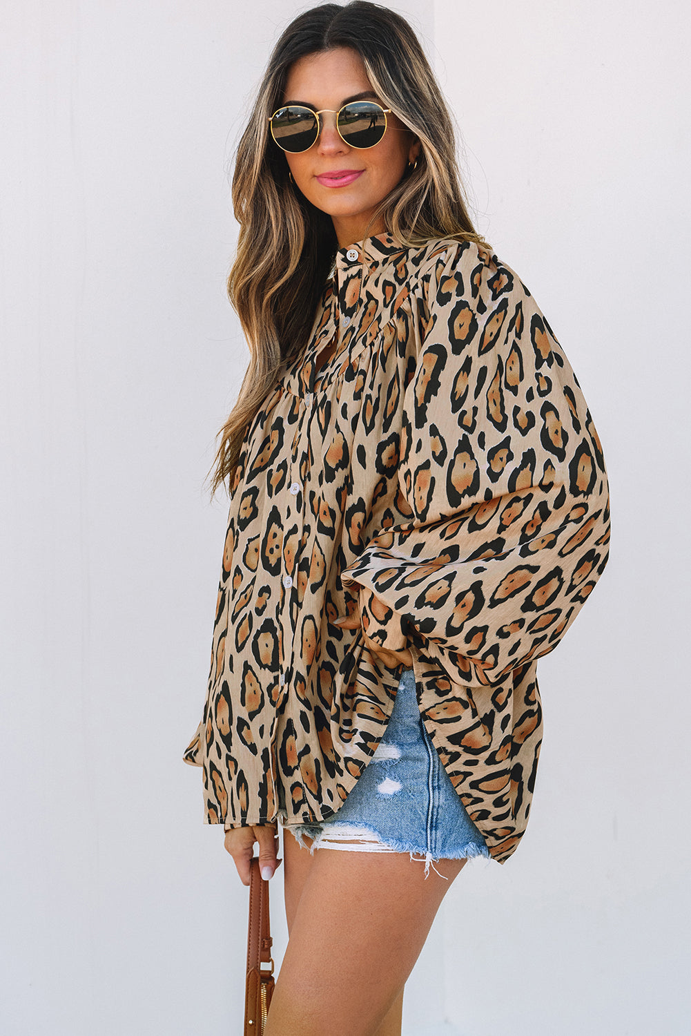 Rose Red Oversized Leopard Print Balloon Sleeve Casual Shirt