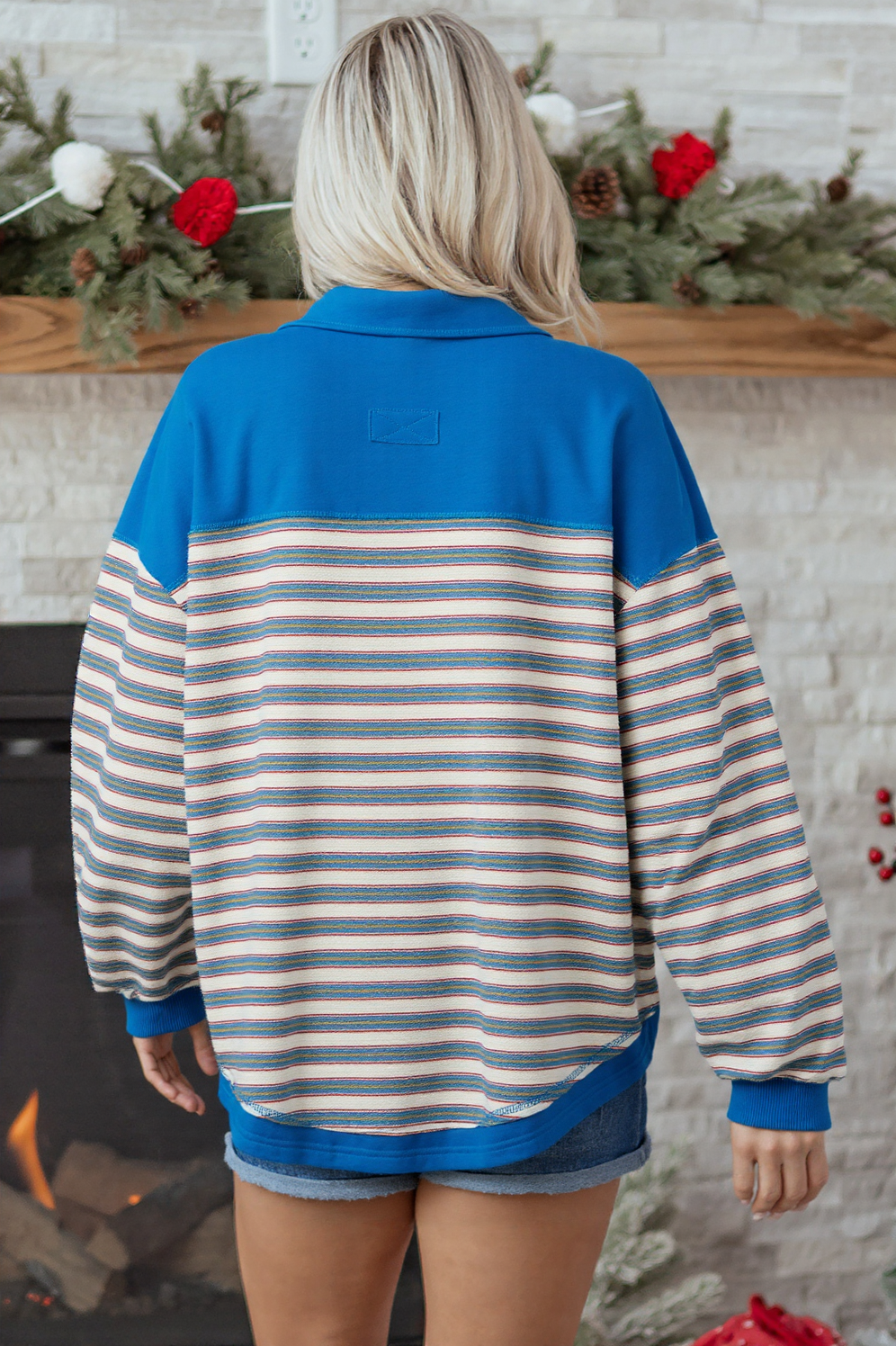 Red Stripe Buttoned V Neck Collared Drop Shoulder Top